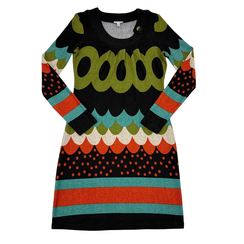 Linea Domani Dress Size 6 Multicolor Midi Long Sleeve Pleated Neckline Funky‎